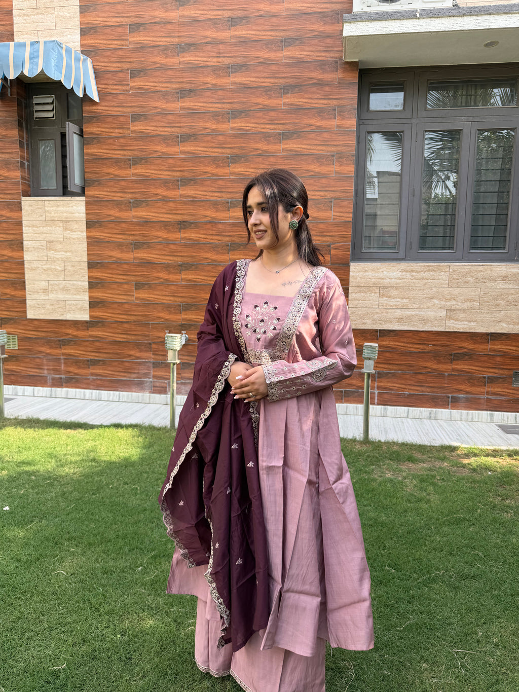 Mehr Mauve Wine Embroidered Anarkali Set