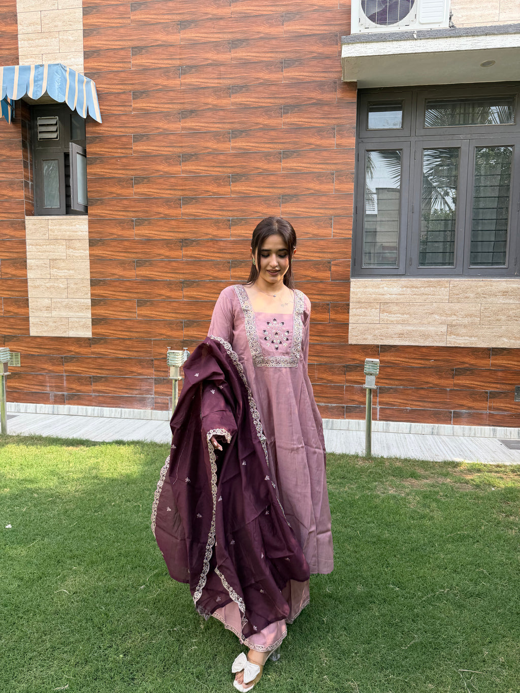 Mehr Mauve Wine Embroidered Anarkali Set