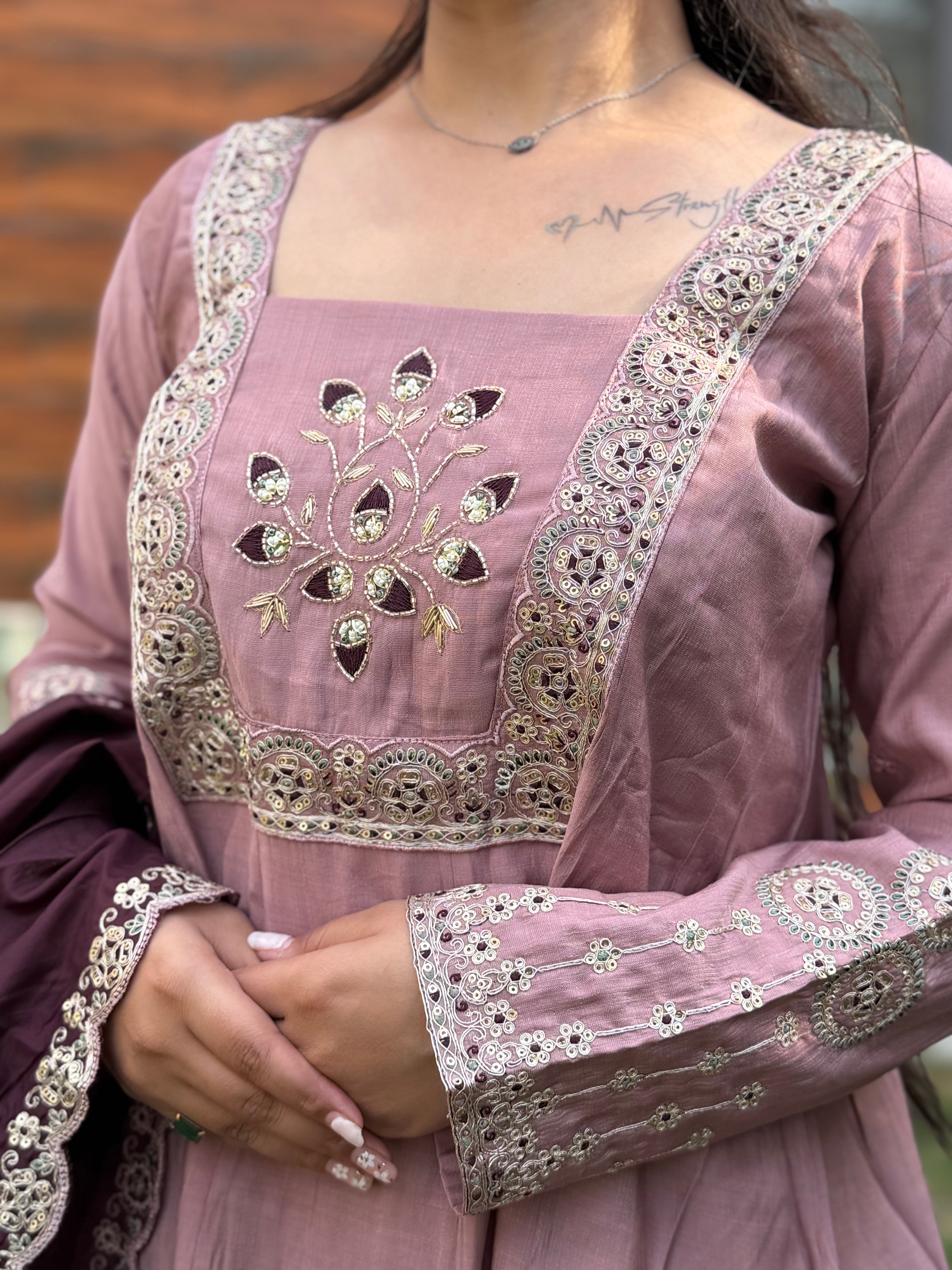 Mehr Mauve Wine Embroidered Anarkali Set