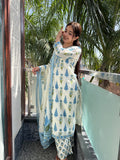 Neelofar White Blue Block Print Suit Set