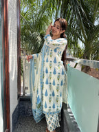 Neelofar White Blue Block Print Suit Set