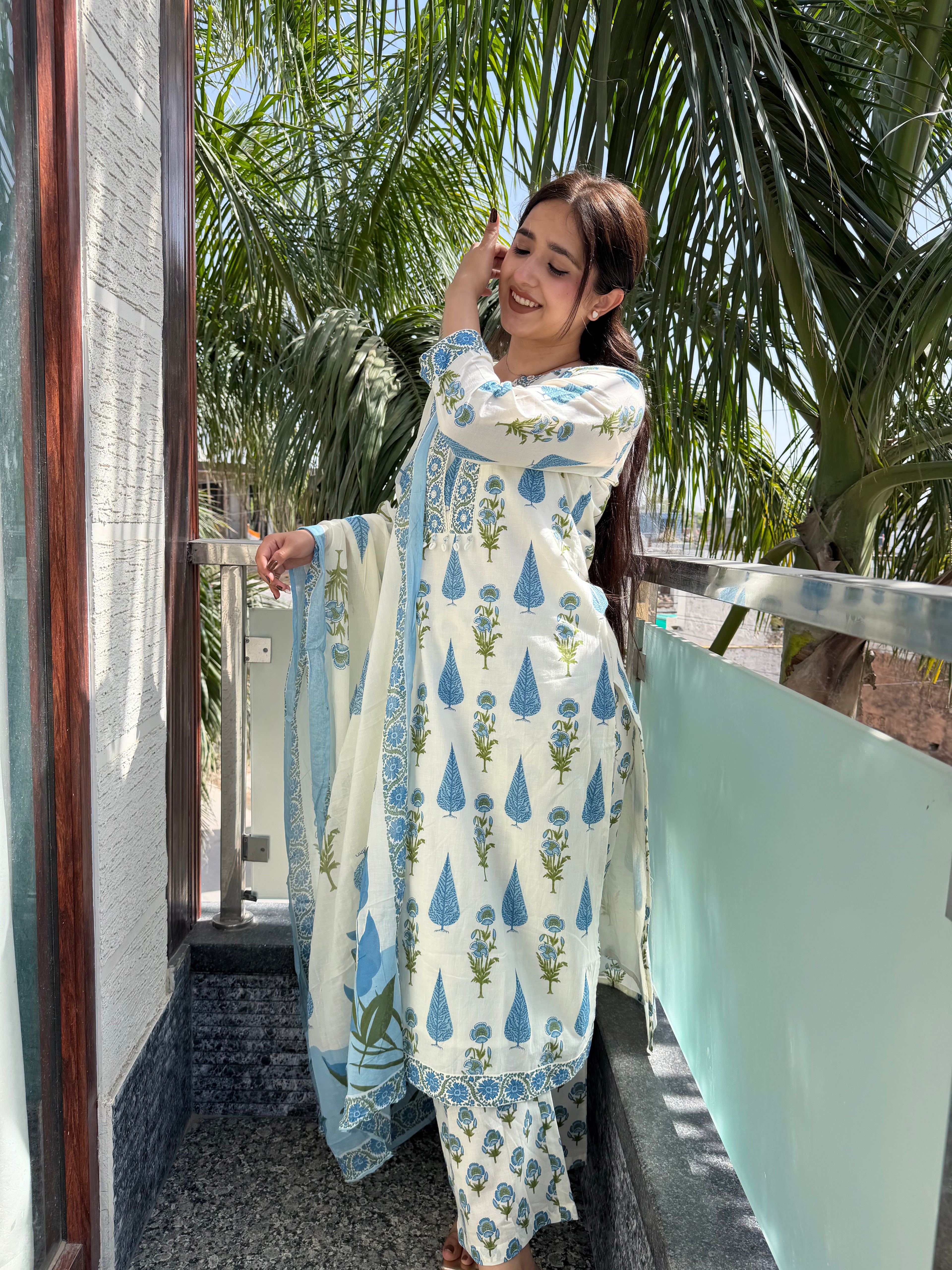 Neelofar White Blue Block Print Suit Set