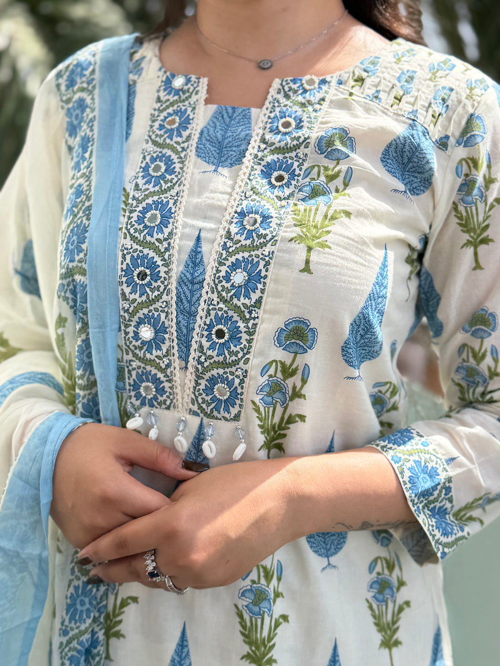 Neelofar White Blue Block Print Suit Set