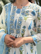 Neelofar White Blue Block Print Suit Set