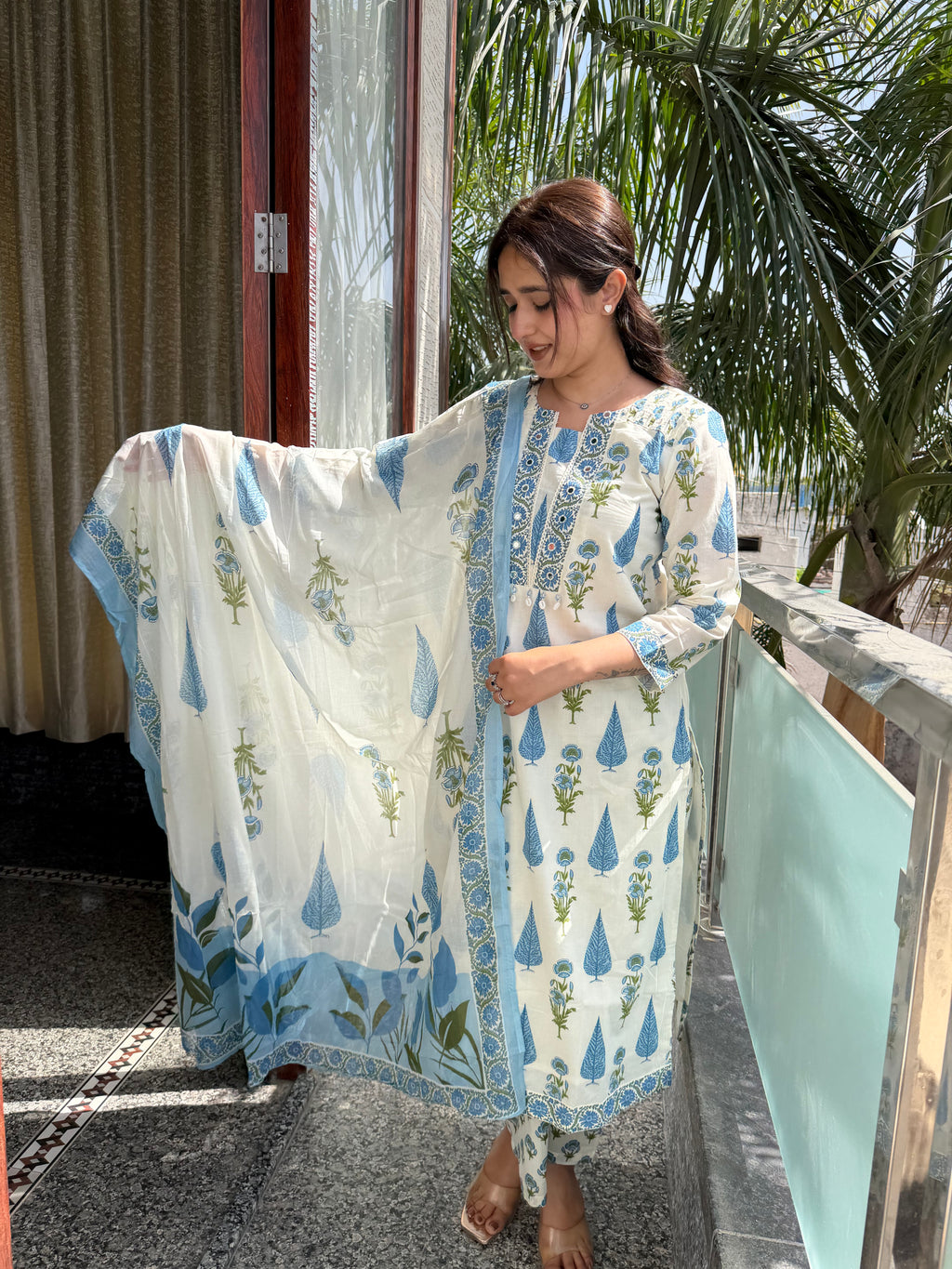 Neelofar White Blue Block Print Suit Set