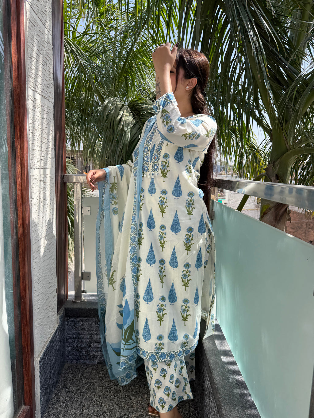 Neelofar White Blue Block Print Suit Set