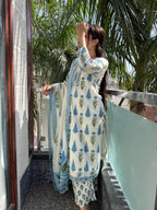 Neelofar White Blue Block Print Suit Set