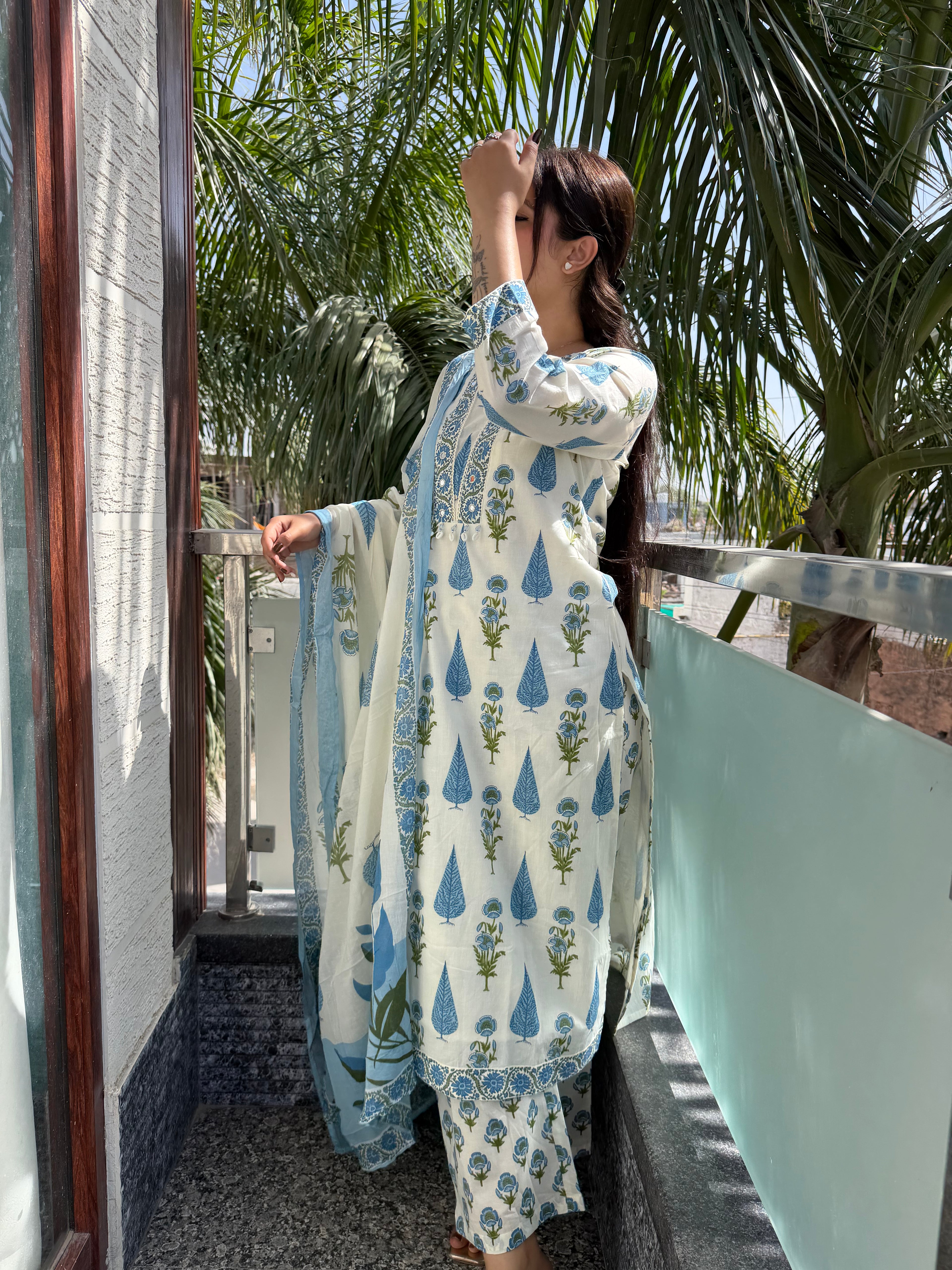 Neelofar White Blue Block Print Suit Set