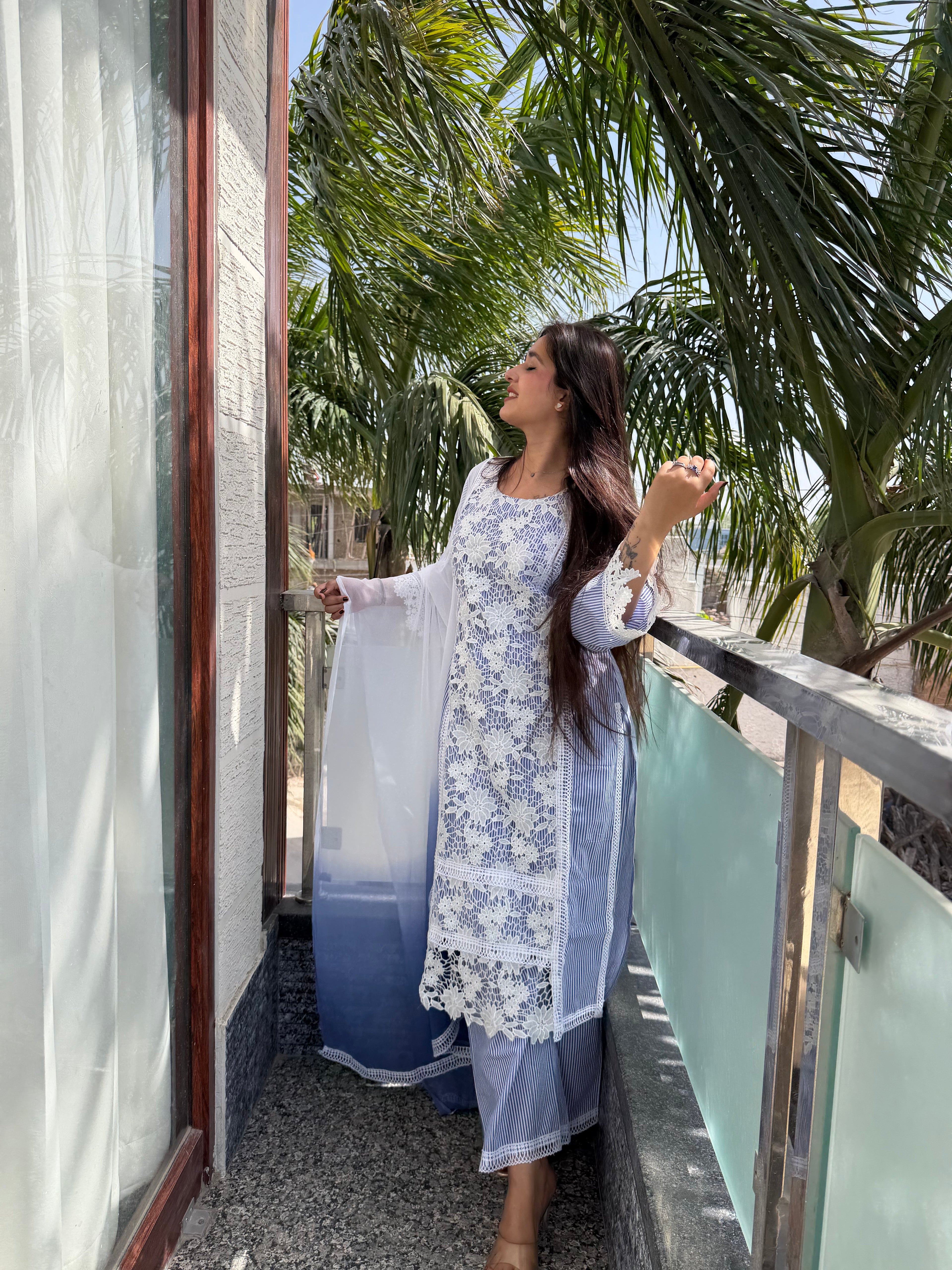 Parizaad Blue Ombré Lace Suit Set