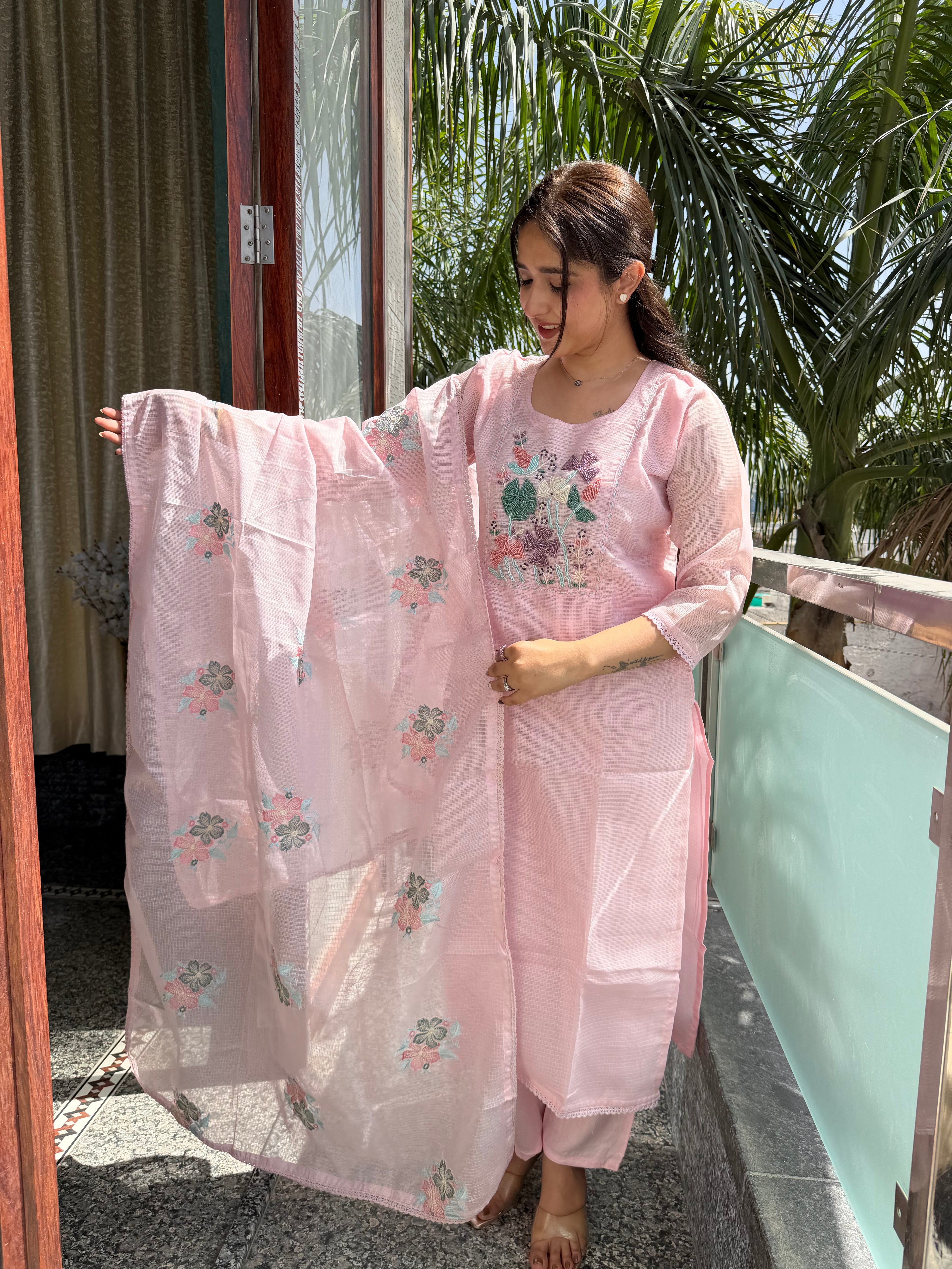 Gul Baby Pink Kota Beaded Suit Set