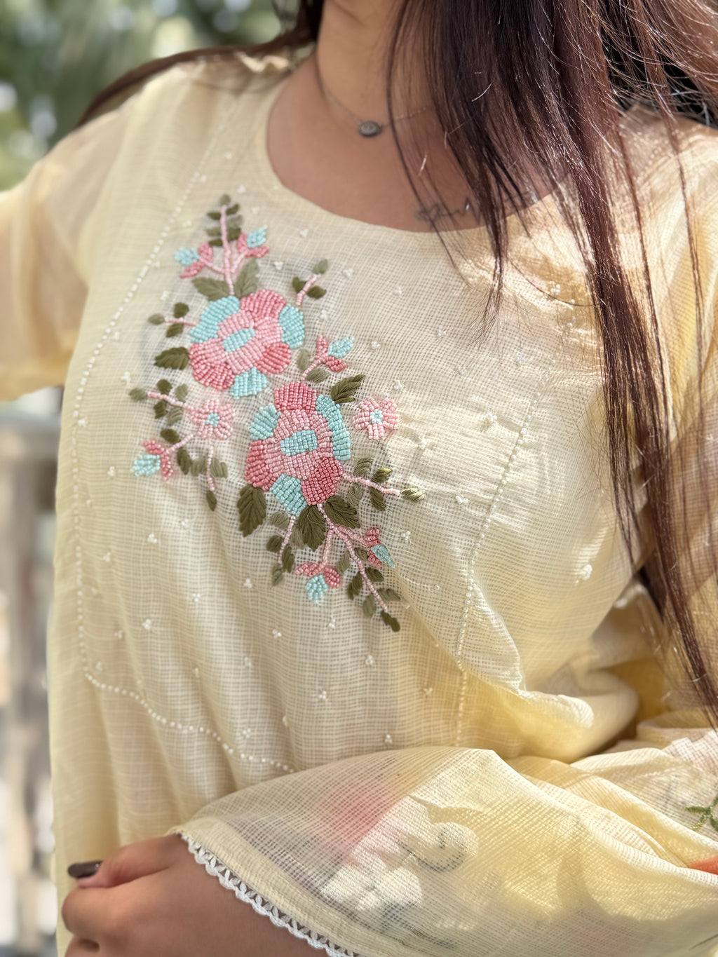 Noor Lemon Yellow Kota Beaded Suit Set