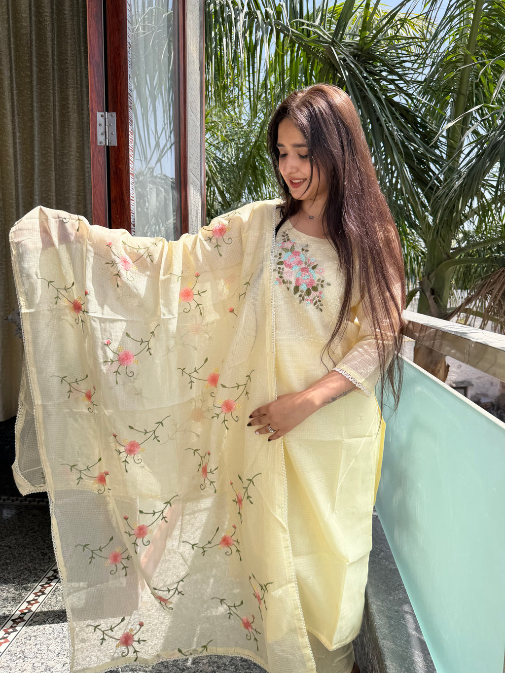 Noor Lemon Yellow Kota Beaded Suit Set