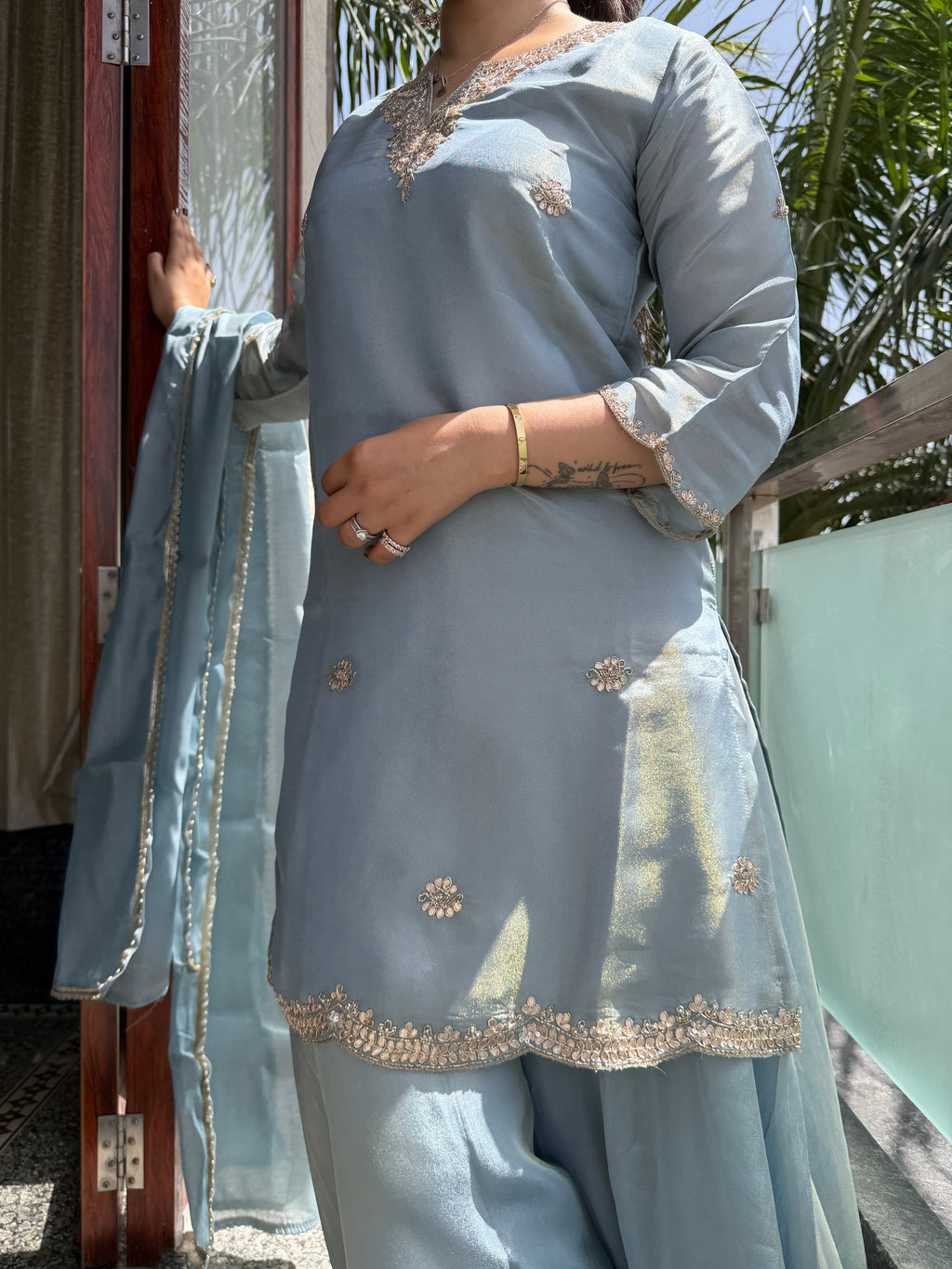 Meher Powder Blue Tissue Suit Set