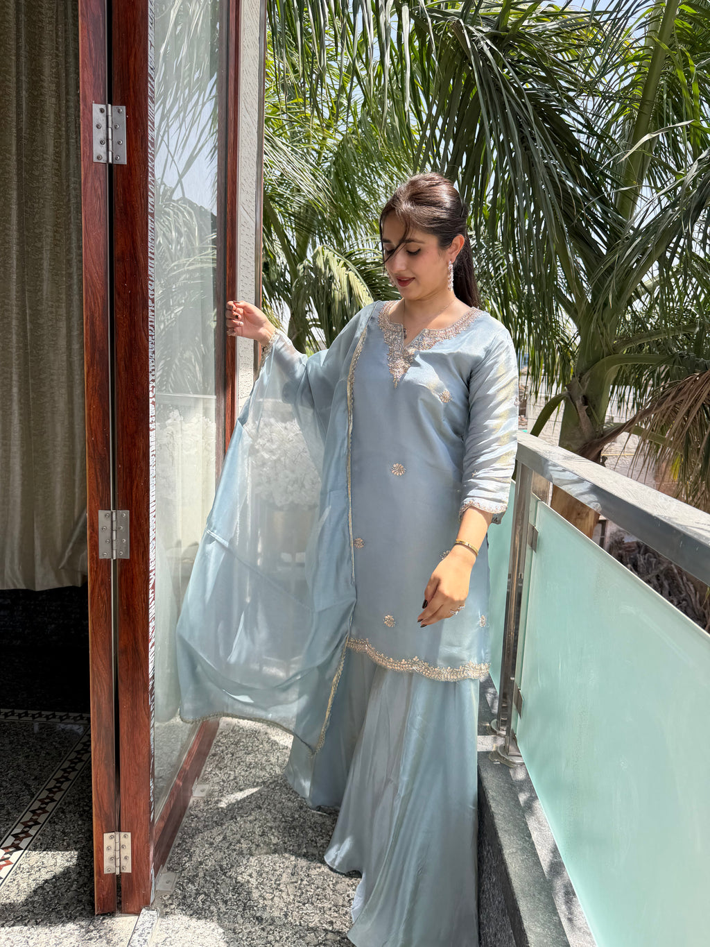 Meher Powder Blue Tissue Suit Set