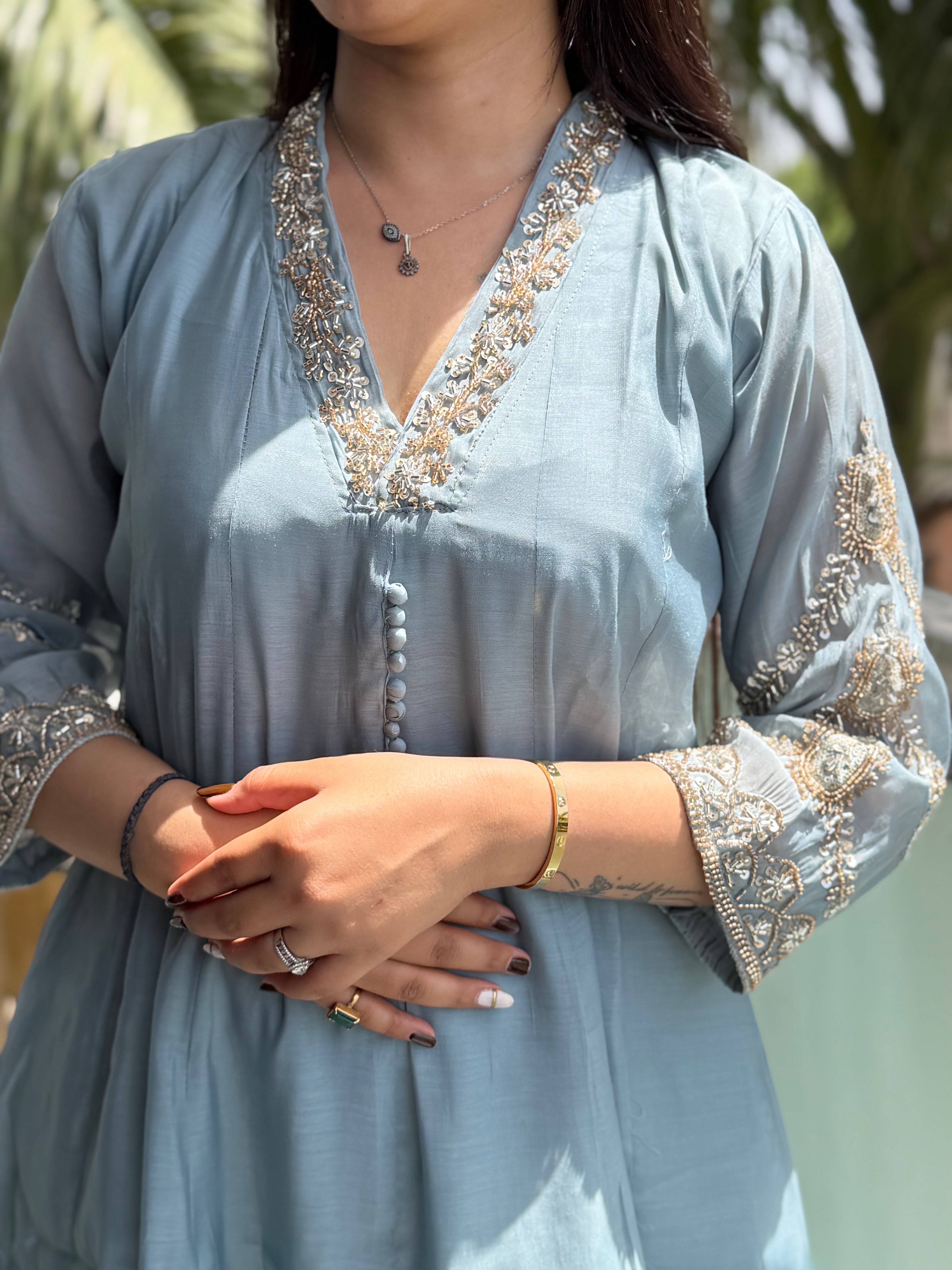 Saira Dusty Blue Silk Embroidered Suit Set