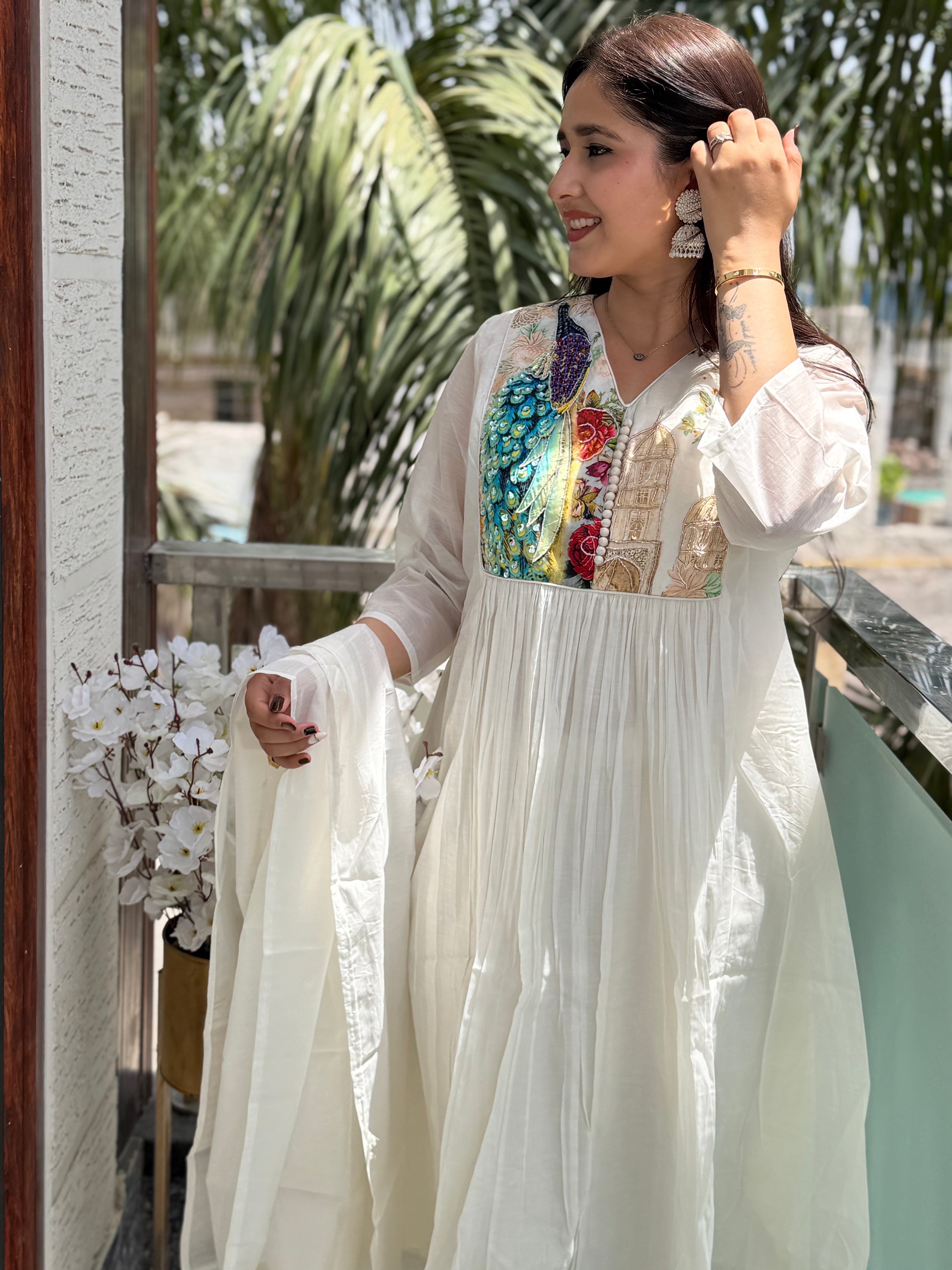 Nazm Ivory Peacock Mul Cotton Suit Set