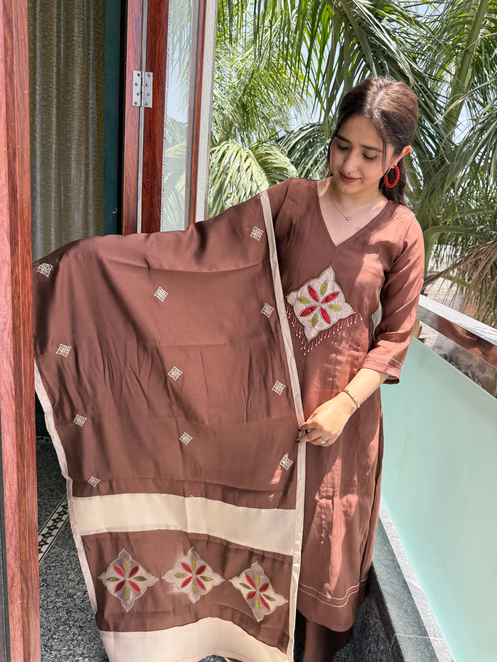 Riwaaz Cocoa Silk Applique Suit Set