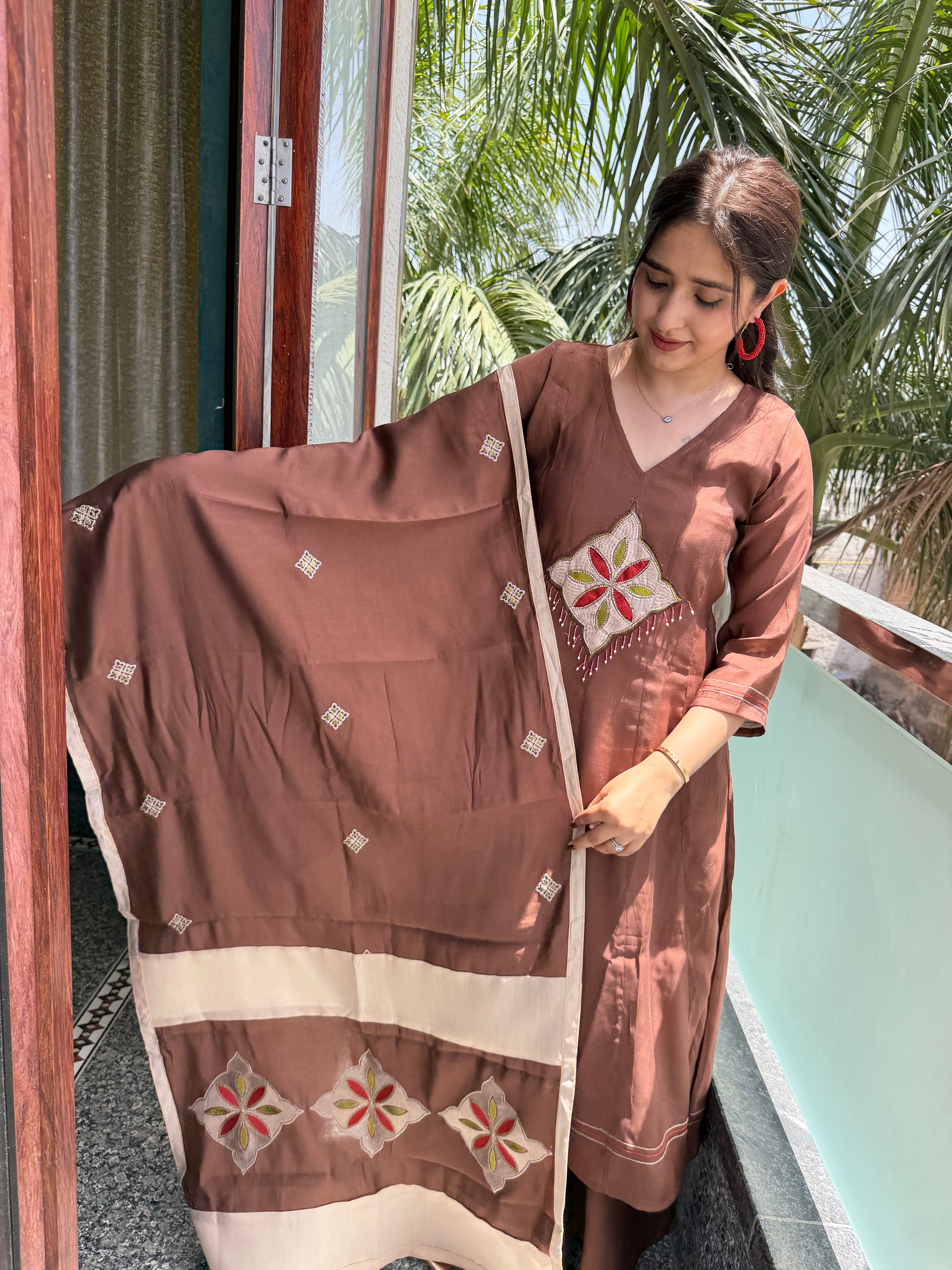 Riwaaz Cocoa Silk Applique Suit Set