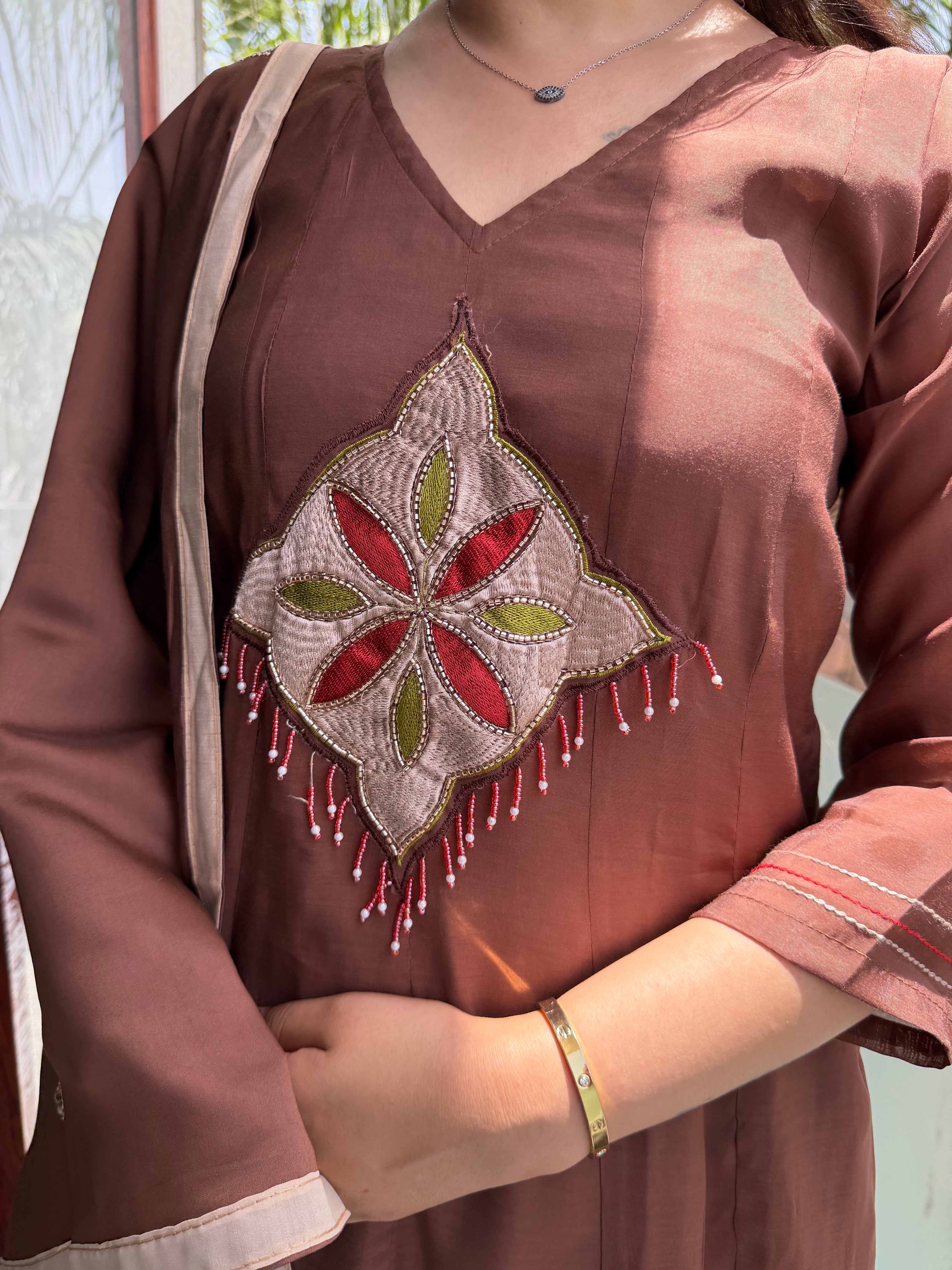 Riwaaz Cocoa Silk Applique Suit Set