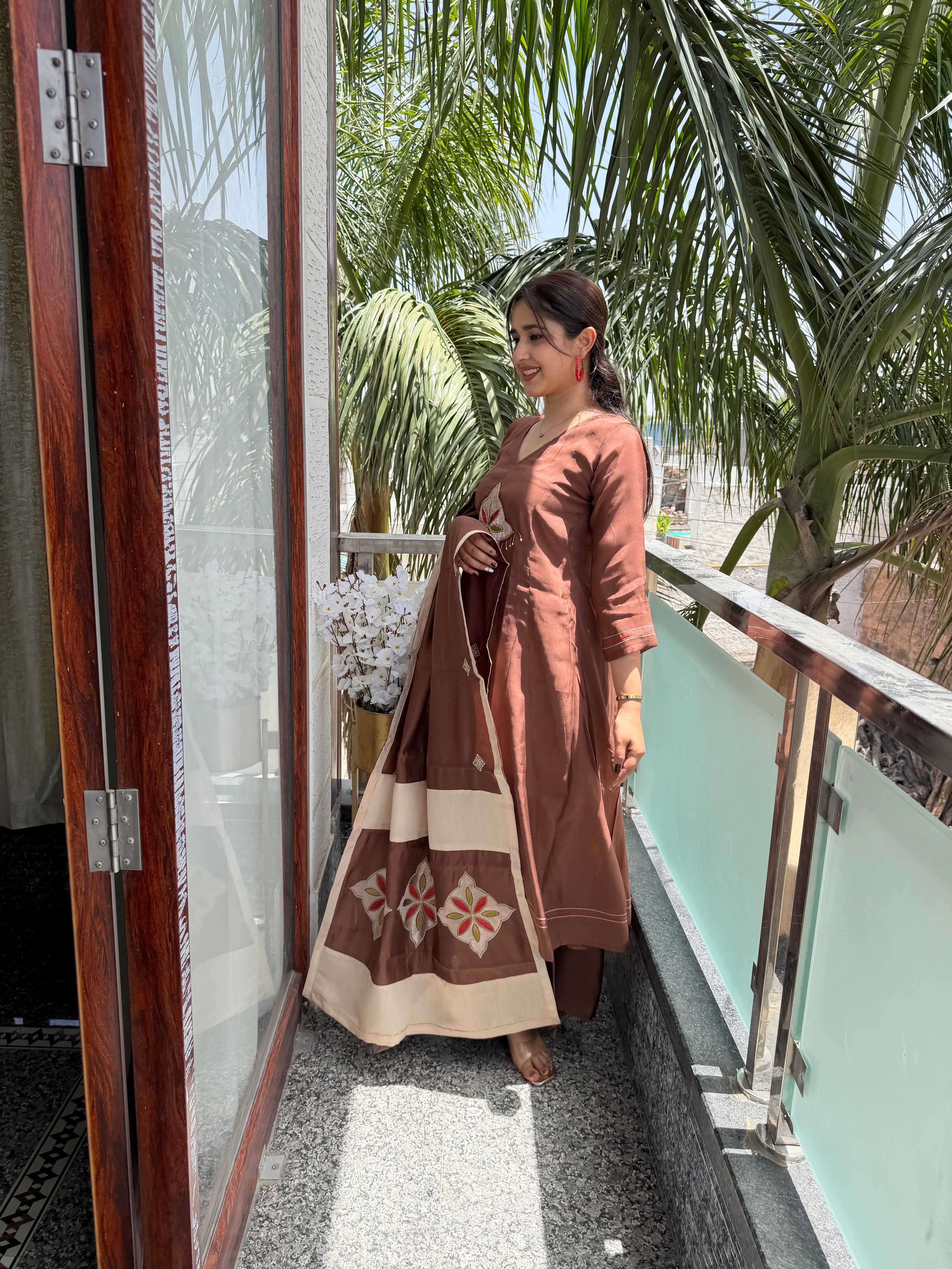 Riwaaz Cocoa Silk Applique Suit Set