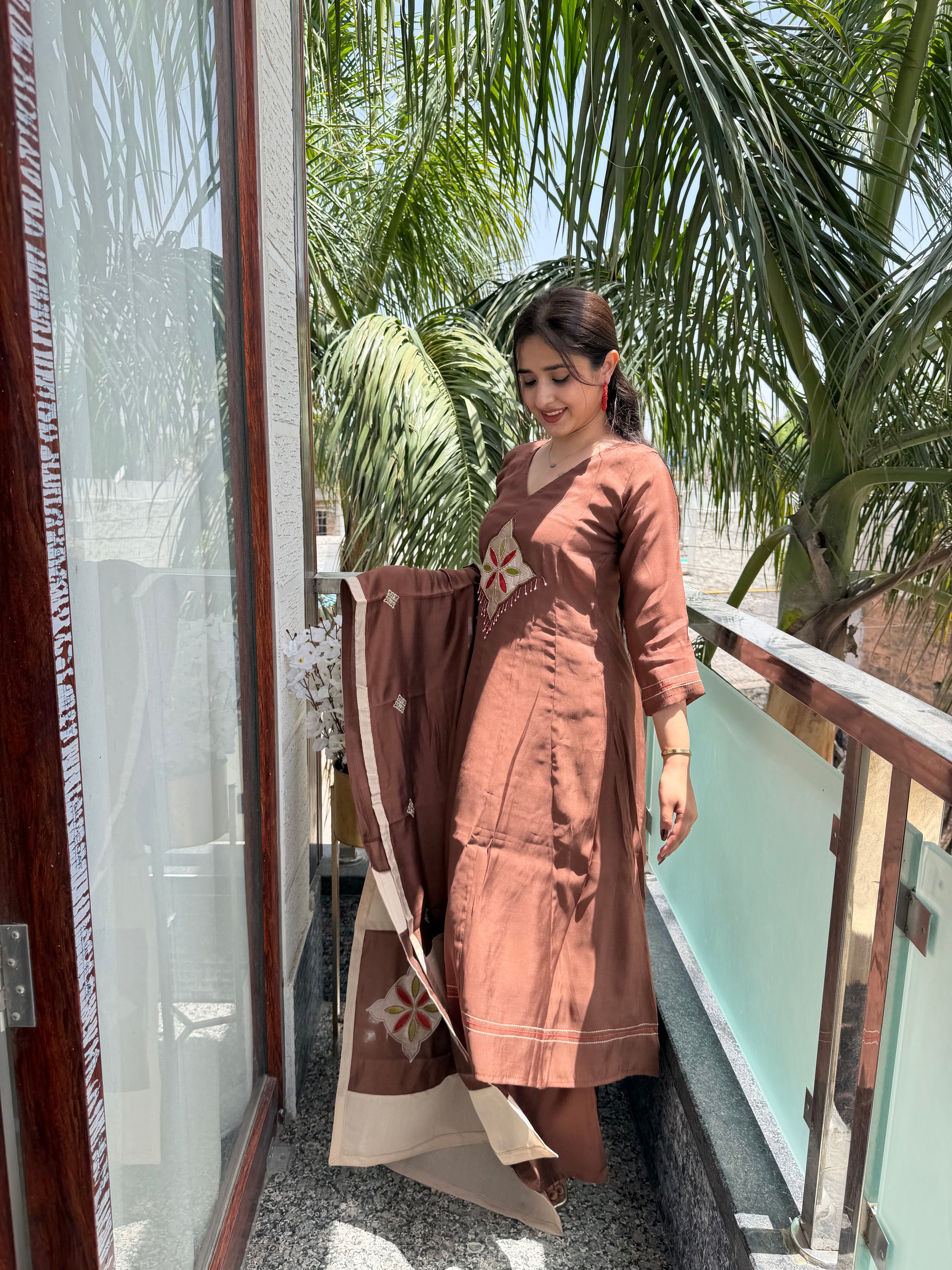 Riwaaz Cocoa Silk Applique Suit Set