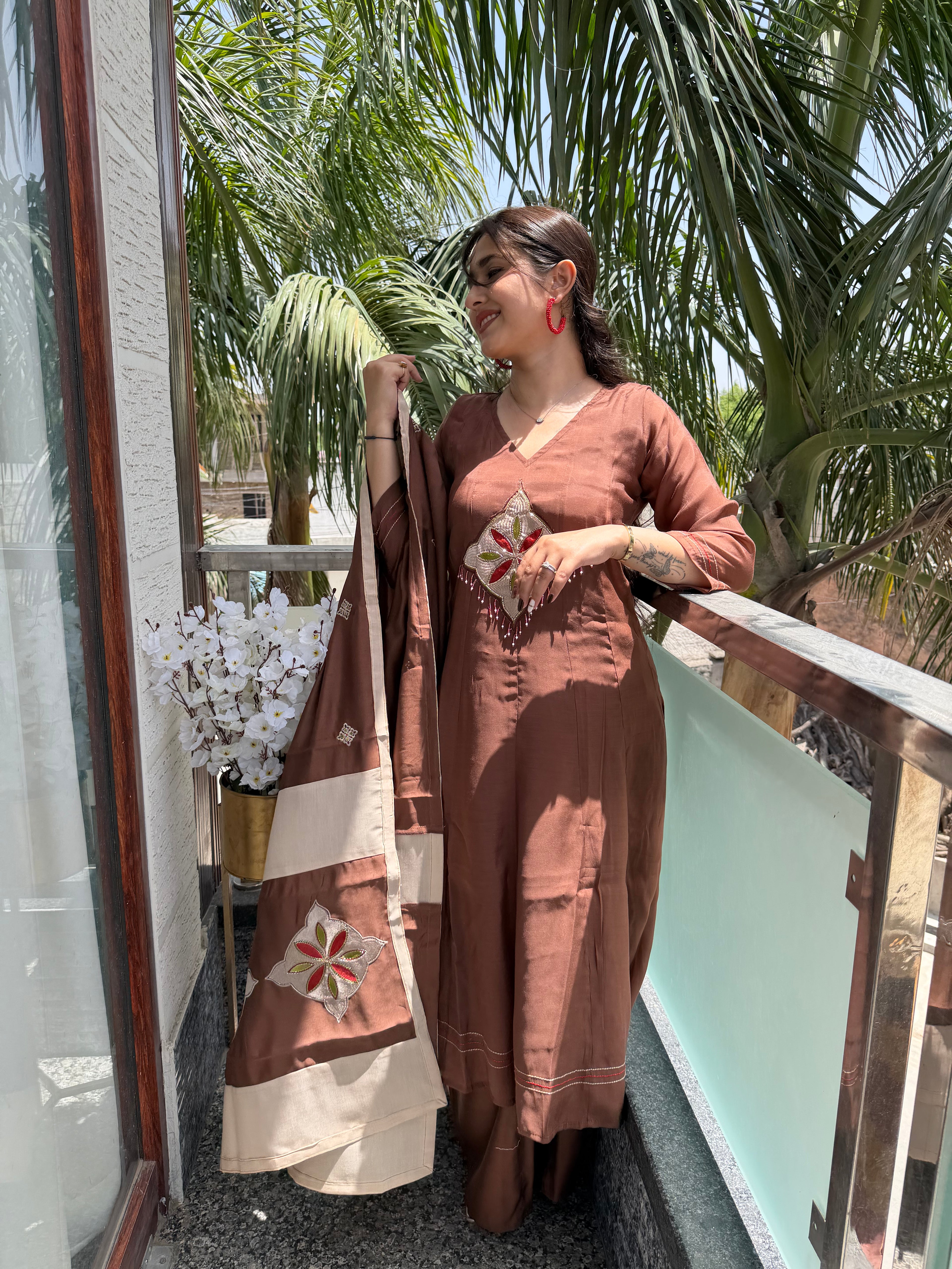 Riwaaz Cocoa Silk Applique Suit Set