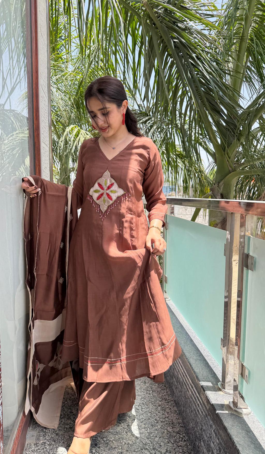 Riwaaz Cocoa Silk Applique Suit Set