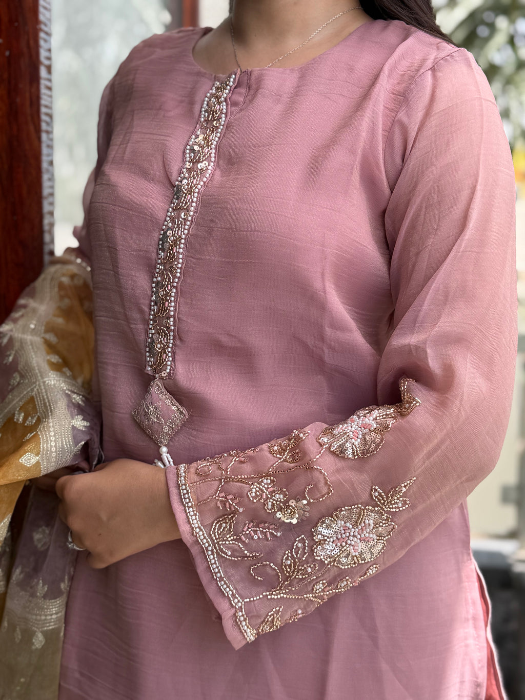 Nayaab Dusty Rose Embroidered Plazzo Suit Set