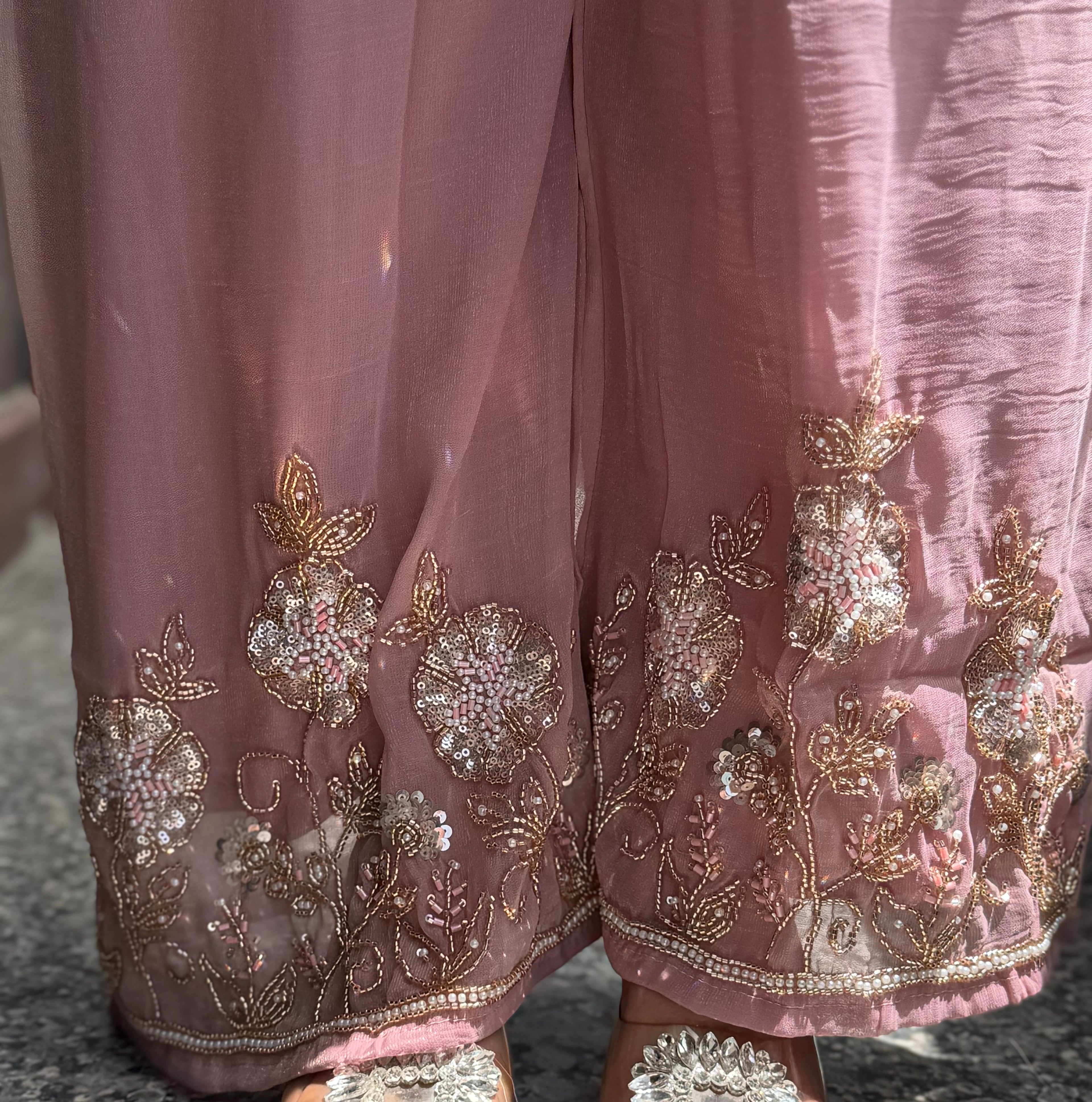 Nayaab Dusty Rose Embroidered Plazzo Suit Set