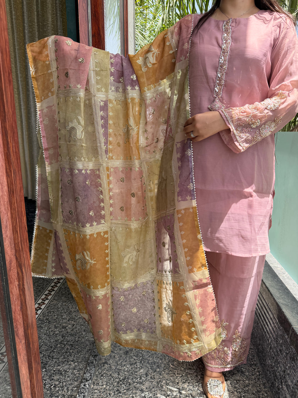 Nayaab Dusty Rose Embroidered Plazzo Suit Set
