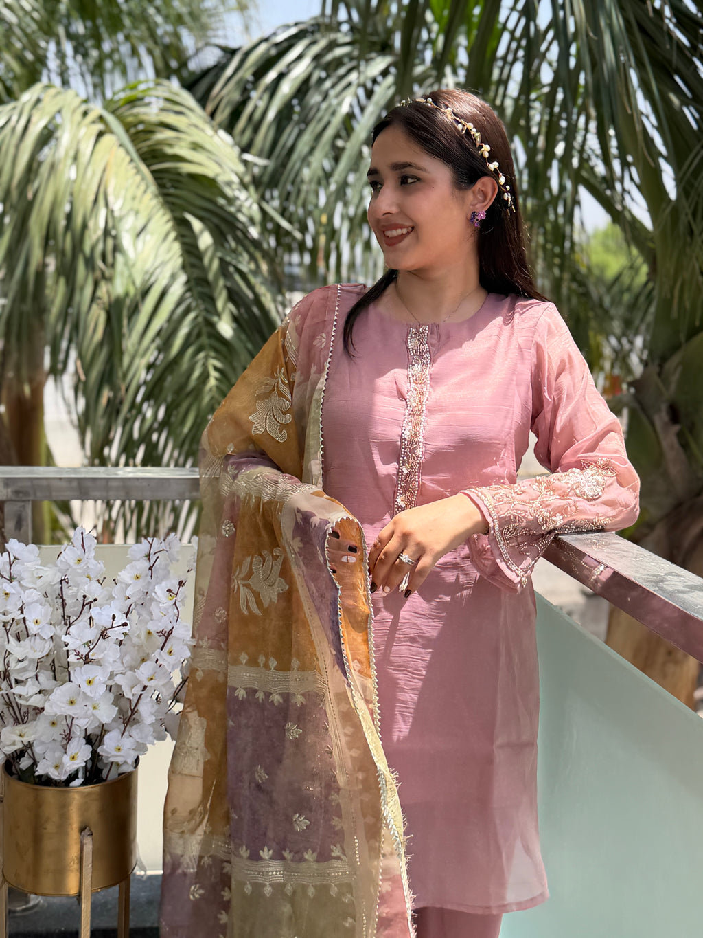 Nayaab Dusty Rose Embroidered Plazzo Suit Set