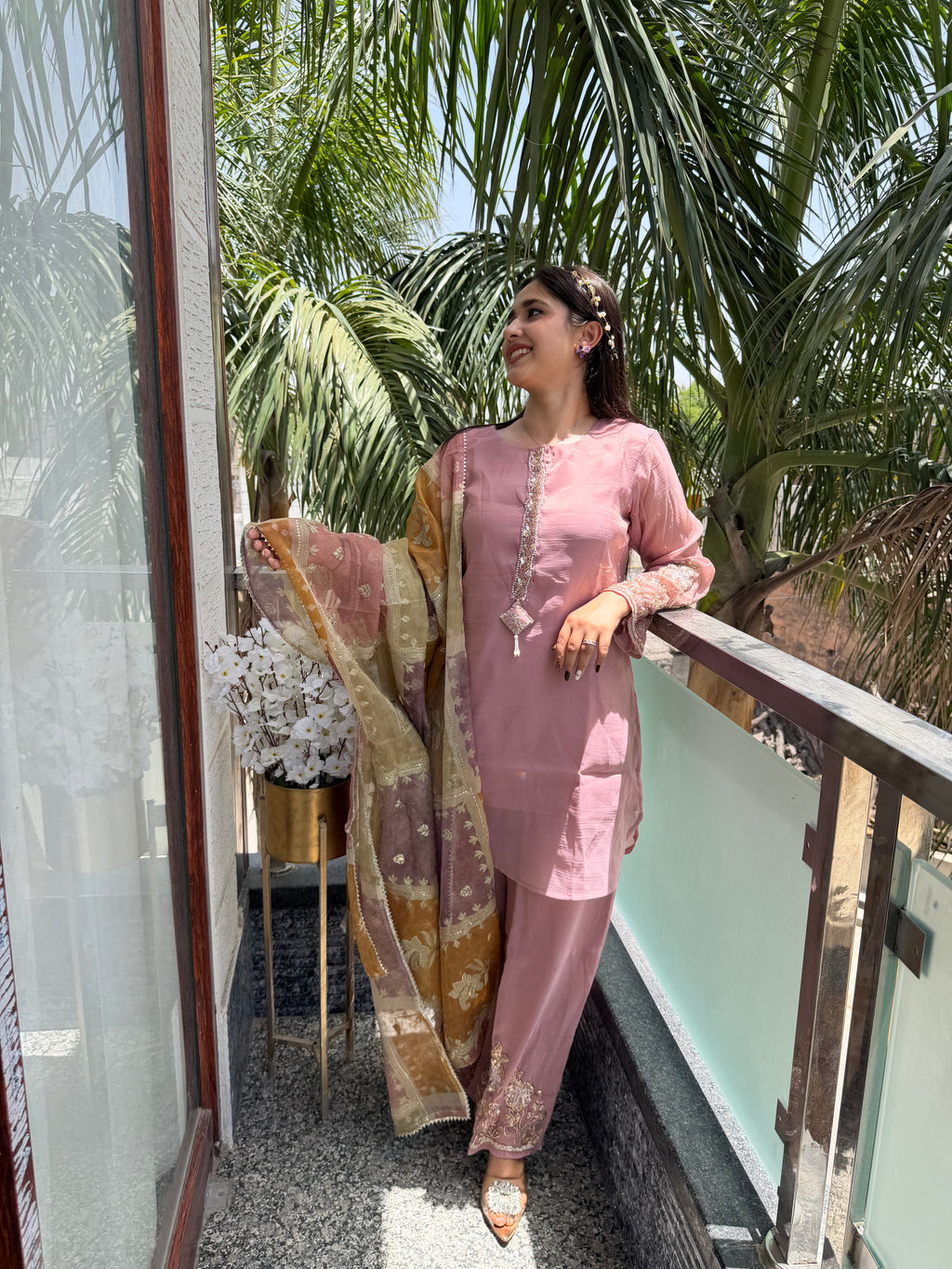 Nayaab Dusty Rose Embroidered Plazzo Suit Set