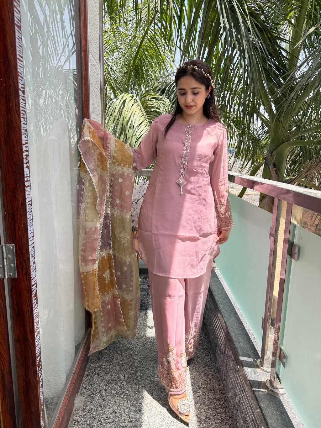 Nayaab Dusty Rose Embroidered Plazzo Suit Set