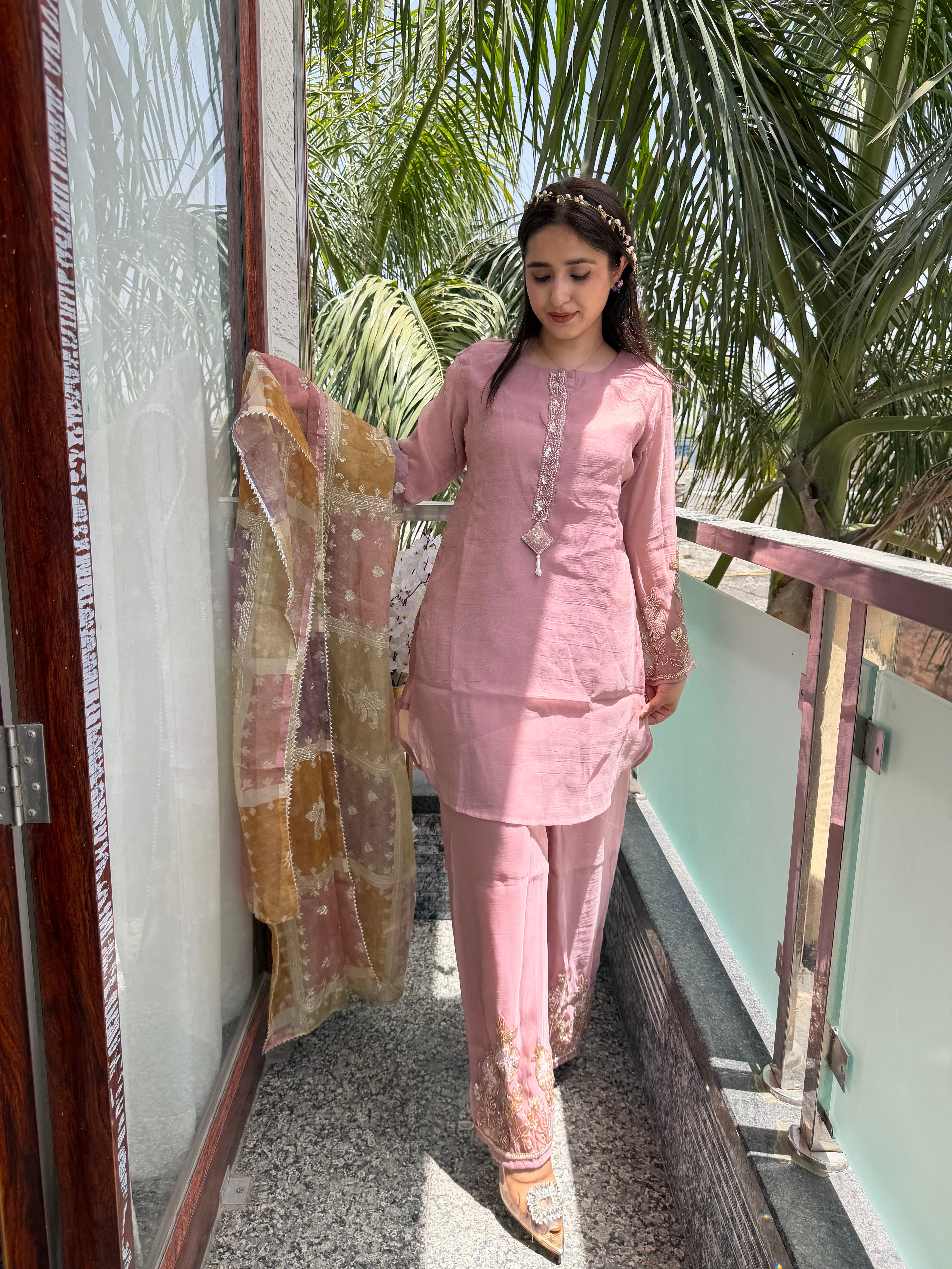 Nayaab Dusty Rose Embroidered Plazzo Suit Set