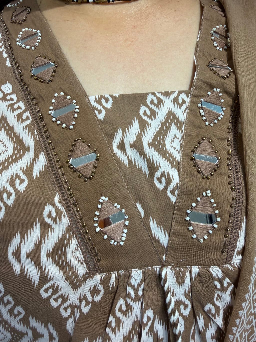 Khaas Brown Ikat Mirror Work Suit Set (3XL)