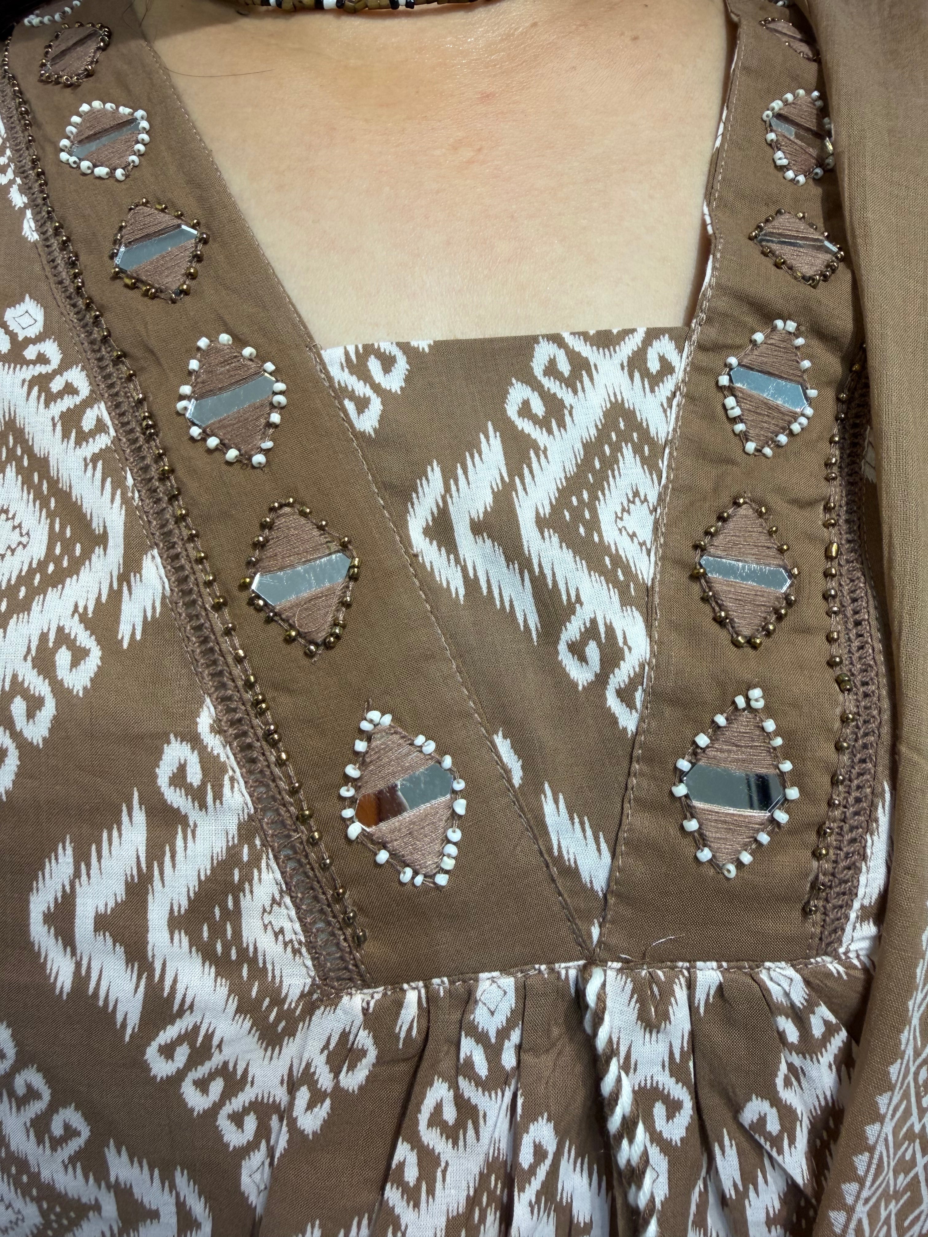 Khaas Brown Ikat Mirror Work Suit Set (3XL)