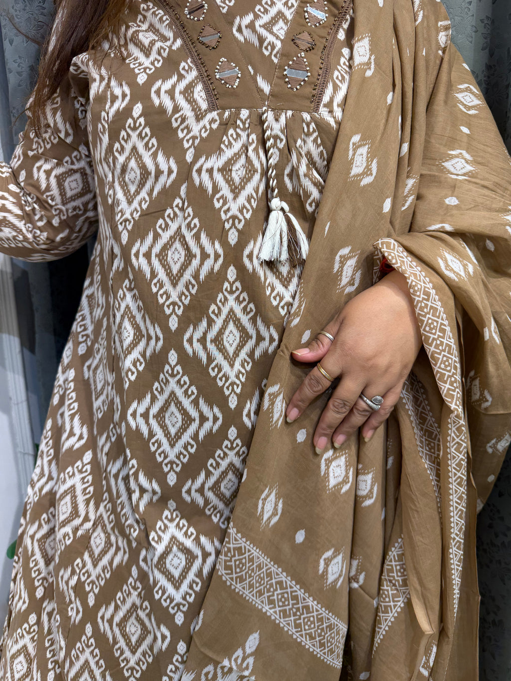 Khaas Brown Ikat Mirror Work Suit Set (3XL)