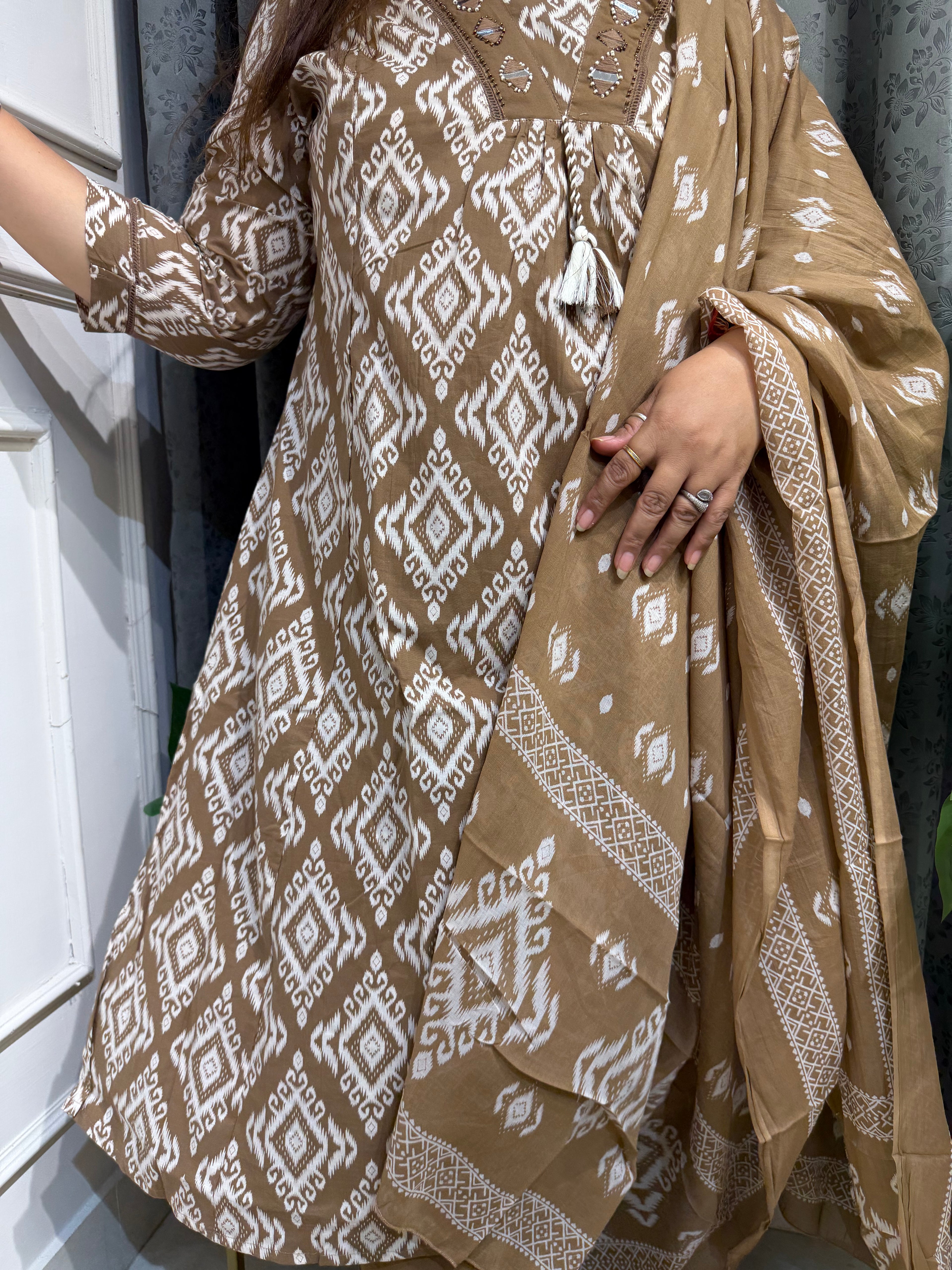 Khaas Brown Ikat Mirror Work Suit Set (3XL)